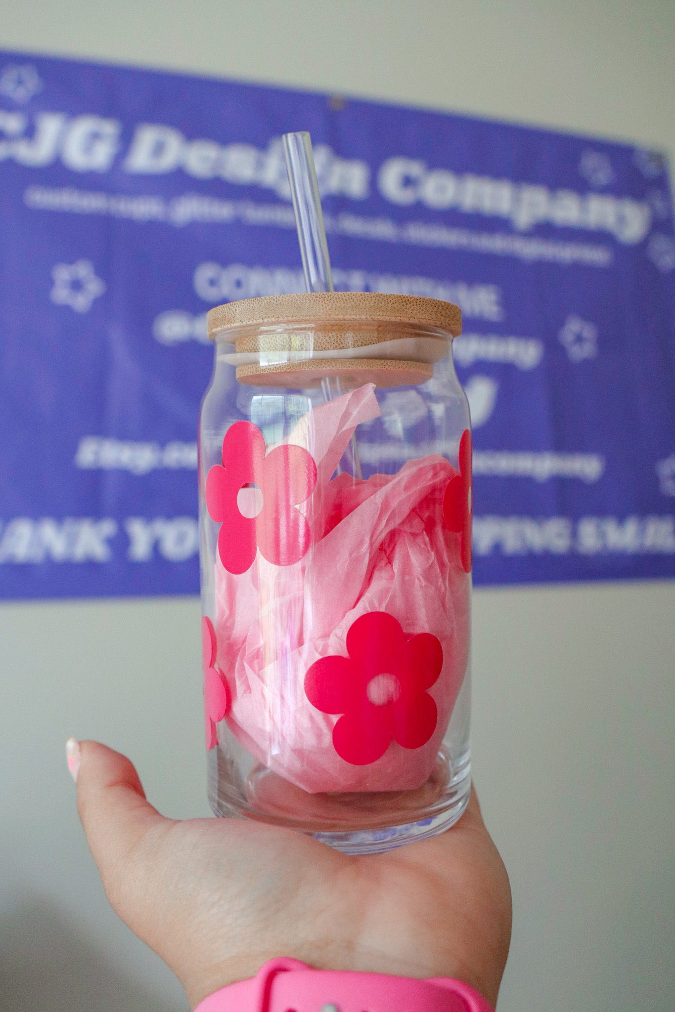 Hot Pink Retro Flowers Glass Can