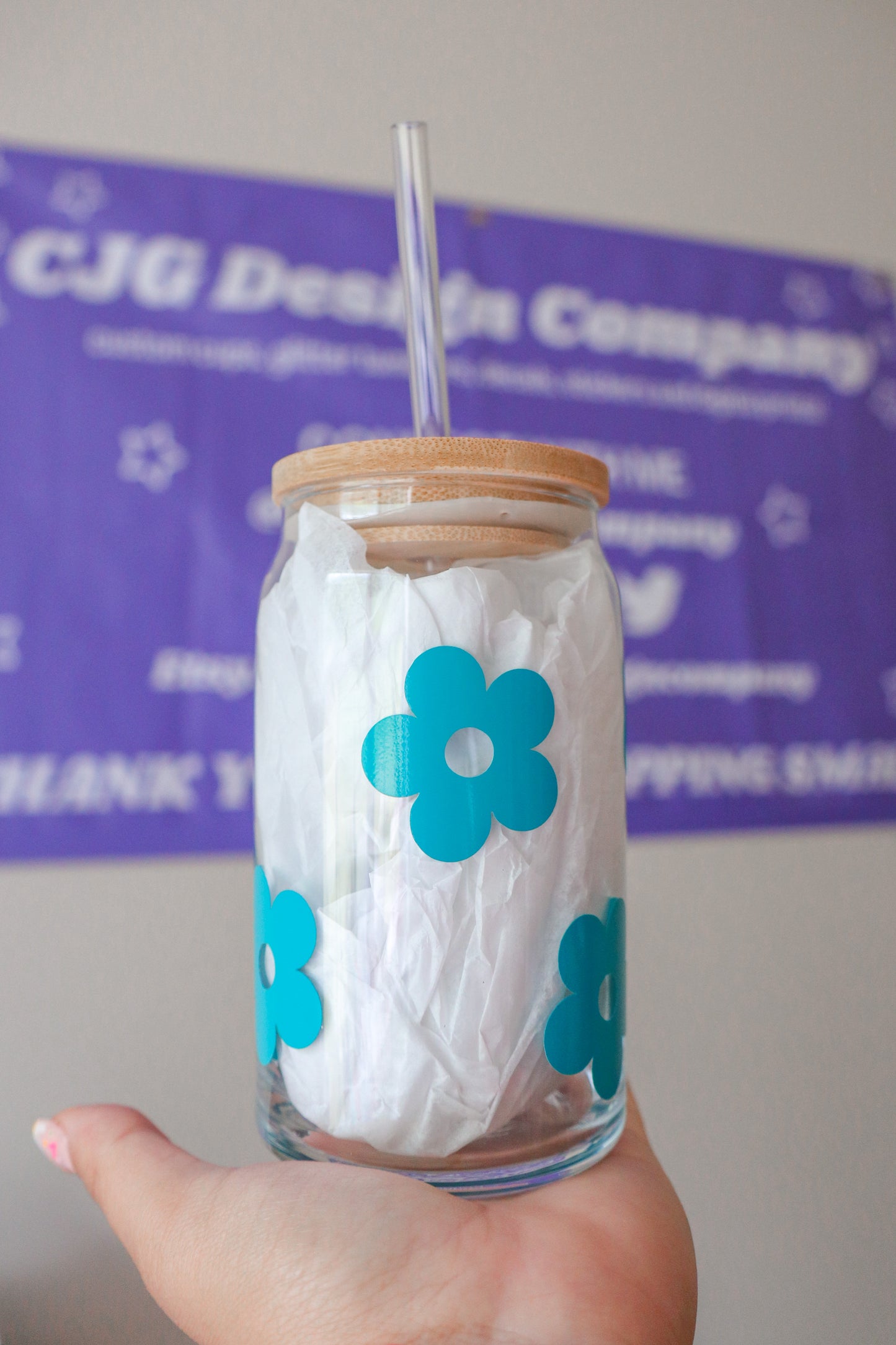 Teal Retro Flowers Glass Can